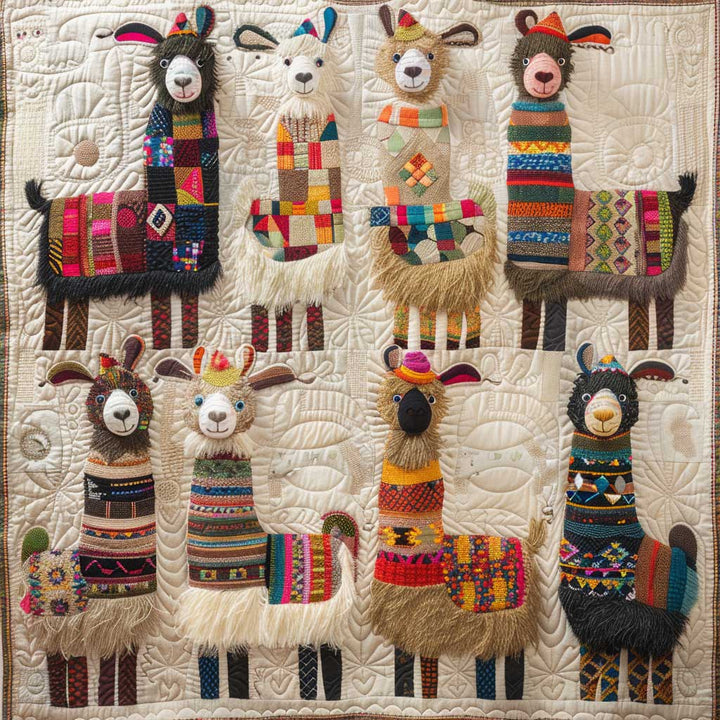 Steppdecke mit Lamas in bunten Decken