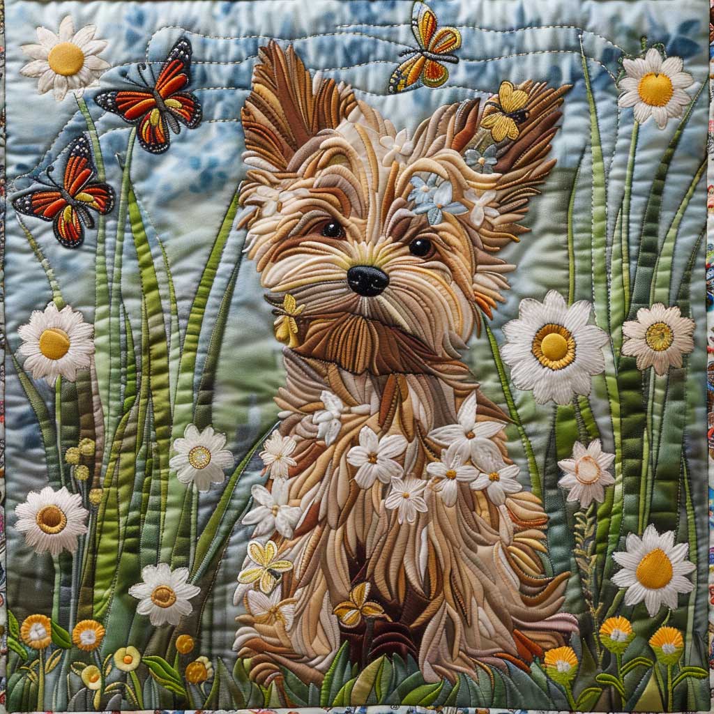 Steppdecke mit Yorkshire Terrier zwischen Gänseblümchen