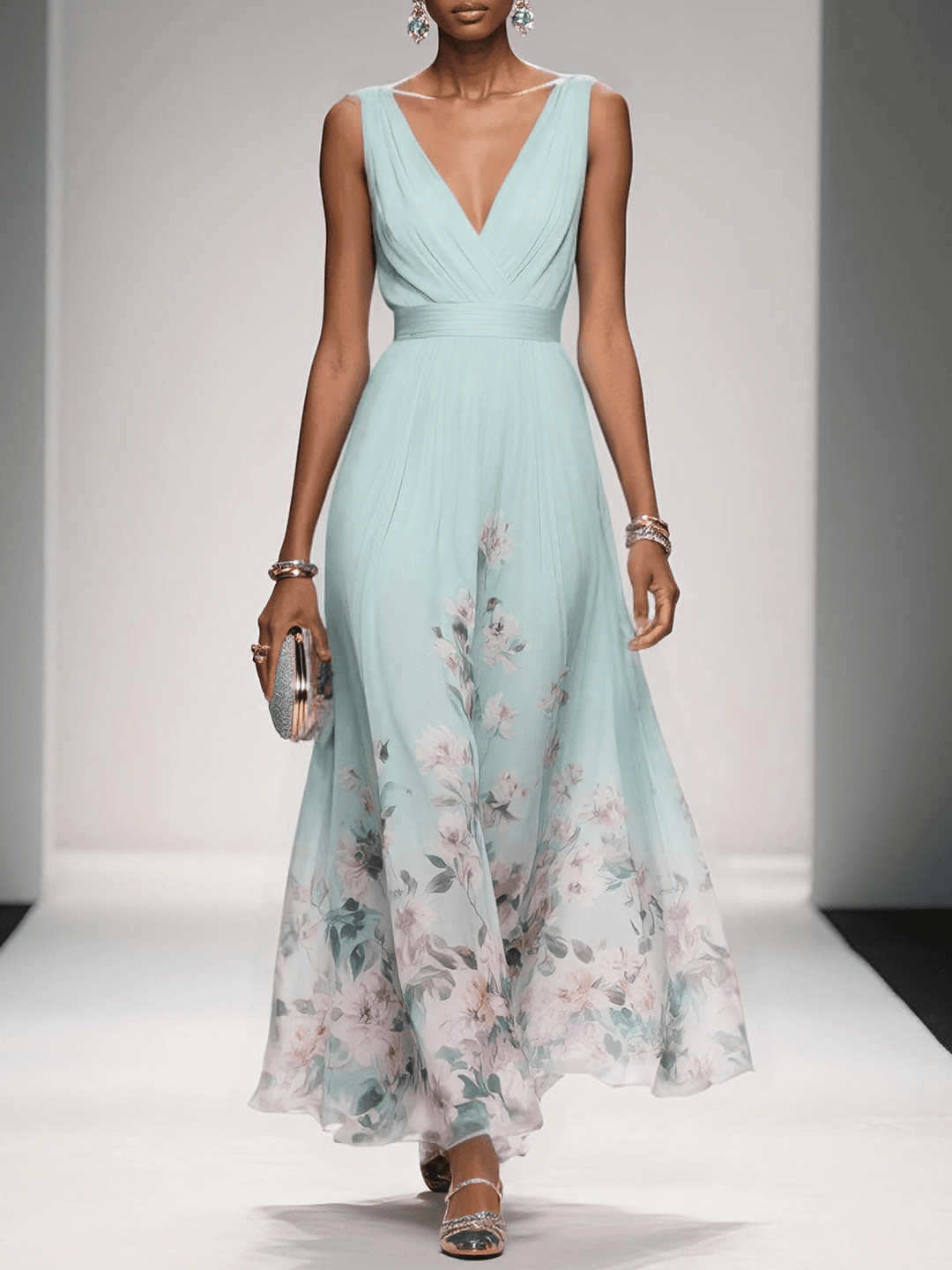 Paula | Hellblaues Chiffon-Maxikleid mit Blumenmuster und V-Ausschnitt