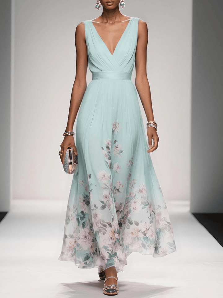 Paula | Hellblaues Chiffon-Maxikleid mit Blumenmuster und V-Ausschnitt