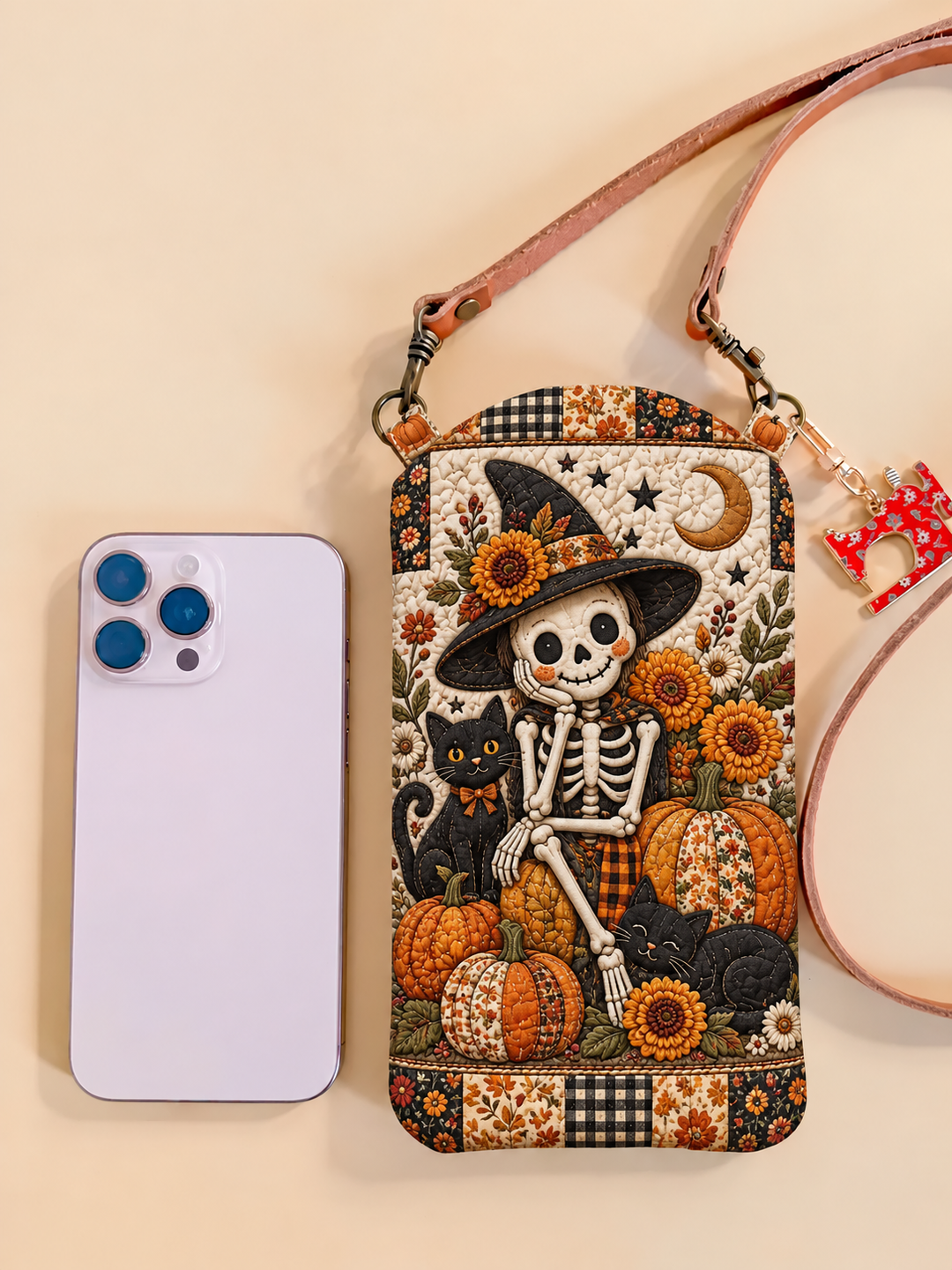 Schmale gesteppte Handy-Umhängetasche – Skelett und Sonnenblumen zu Halloween