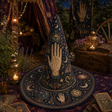Handgefertigter gesteppter Hexenhut – Mystisches Tarot und Sterne