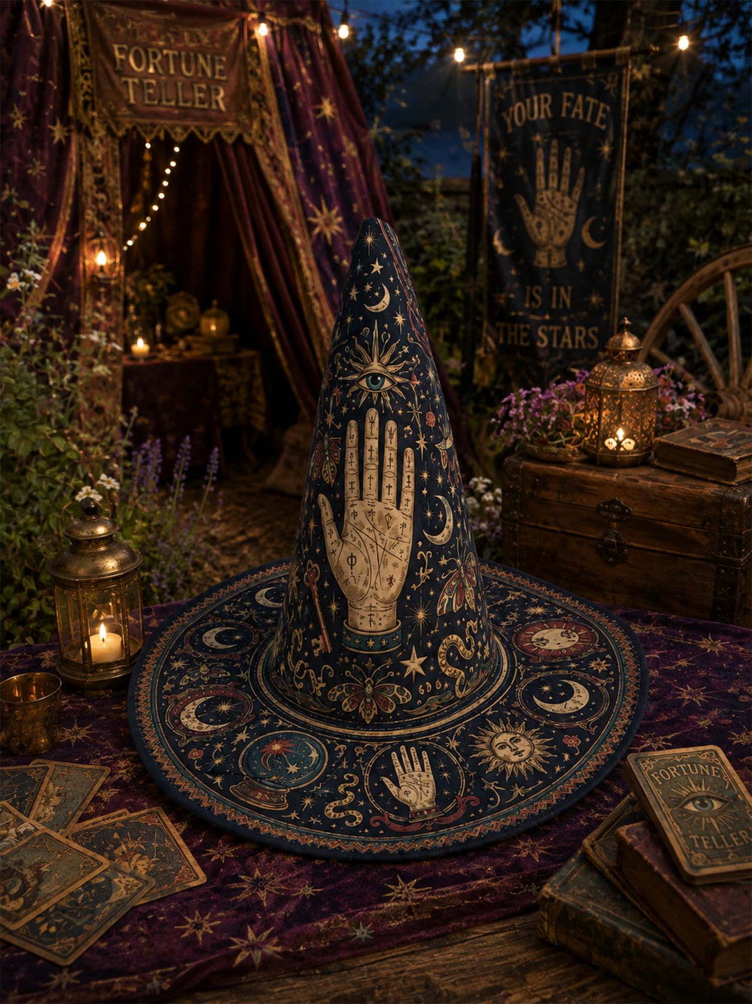 Handgefertigter gesteppter Hexenhut – Mystisches Tarot und Sterne
