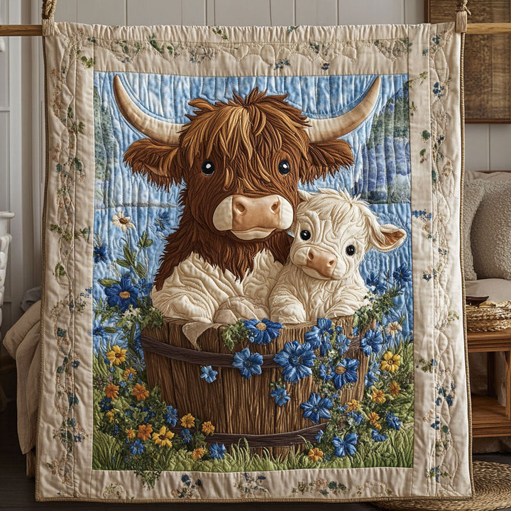 Steppdecke mit Hochlandrind und Kalb