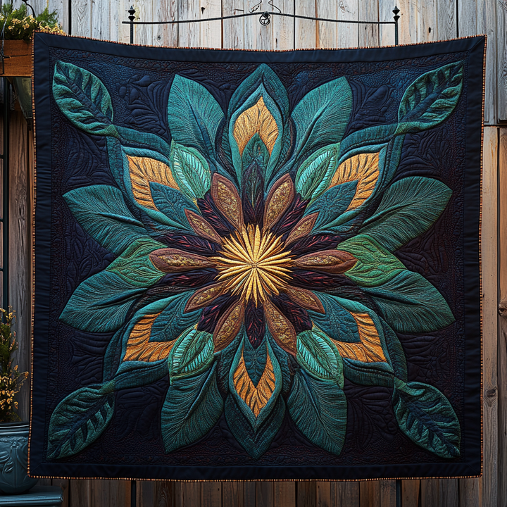 Steppdecke mit Blätterrosette in Petrol