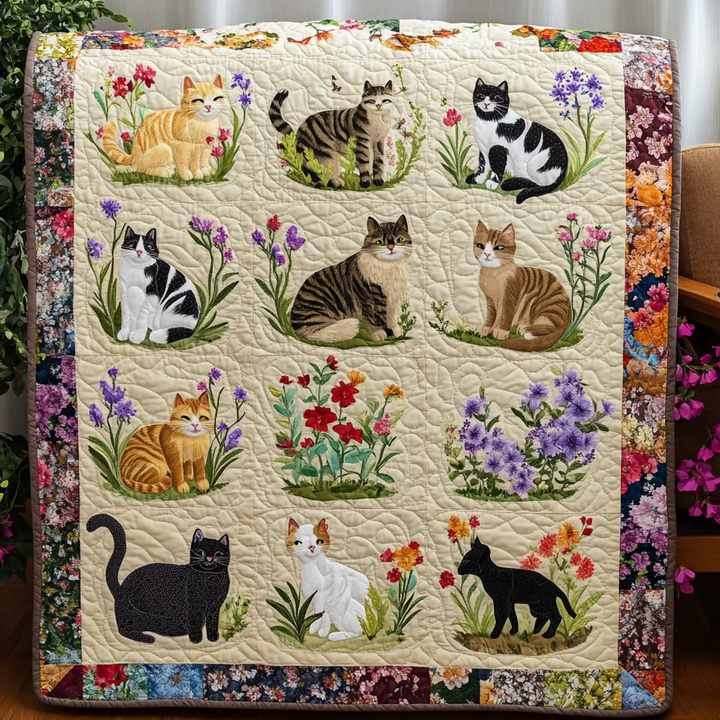 Steppdecke mit Katzen und Blumen auf Creme