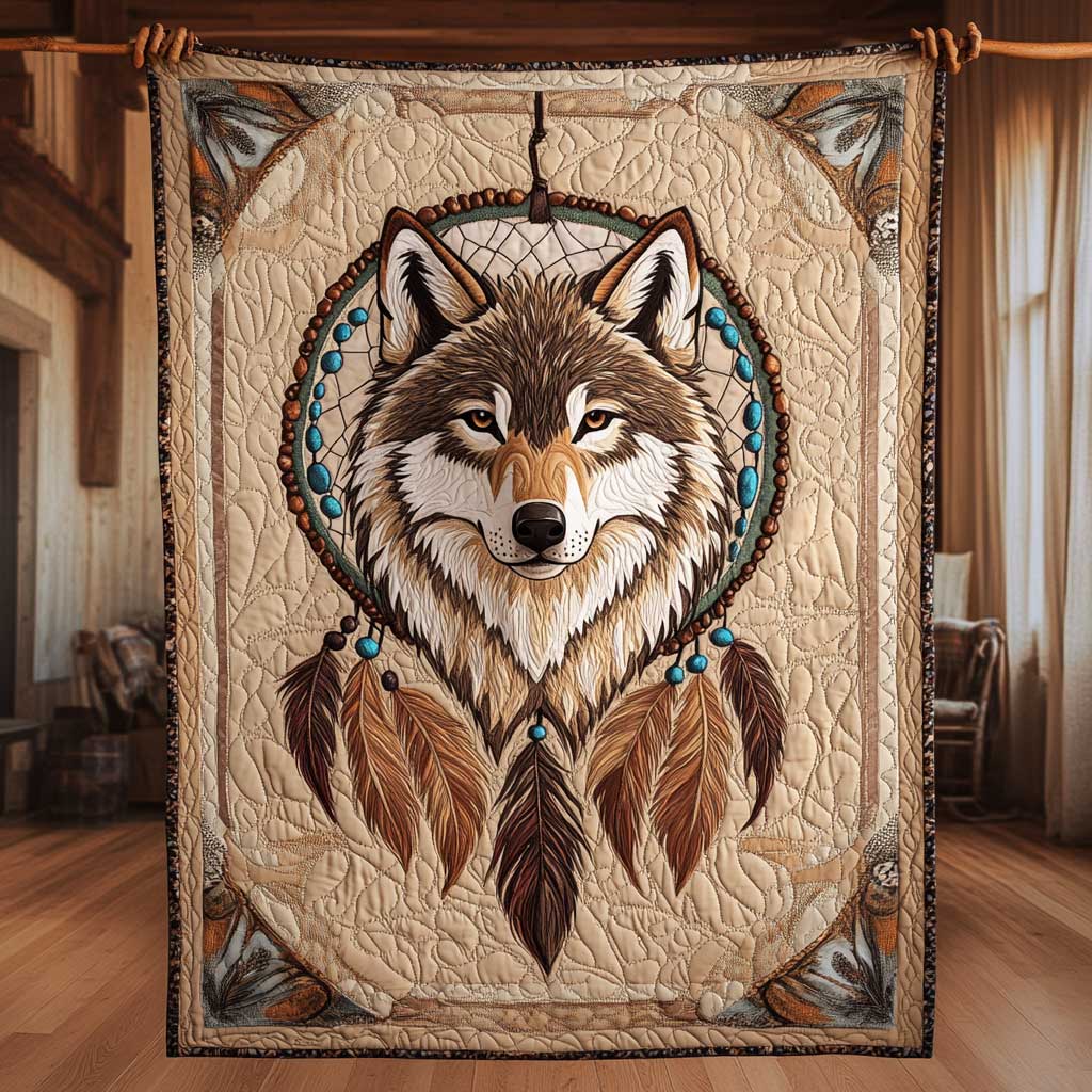 Steppdecke mit Wolf im Traumfänger
