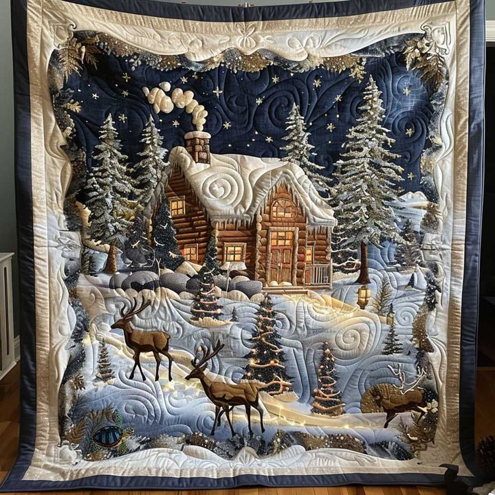 Weihnachts-Steppdecke mit Blockhütte im Schnee