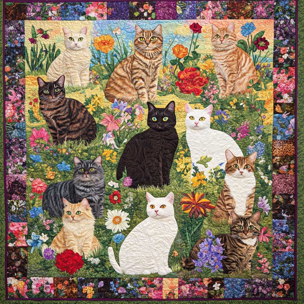 Steppdecke mit Katzen im Blumengarten