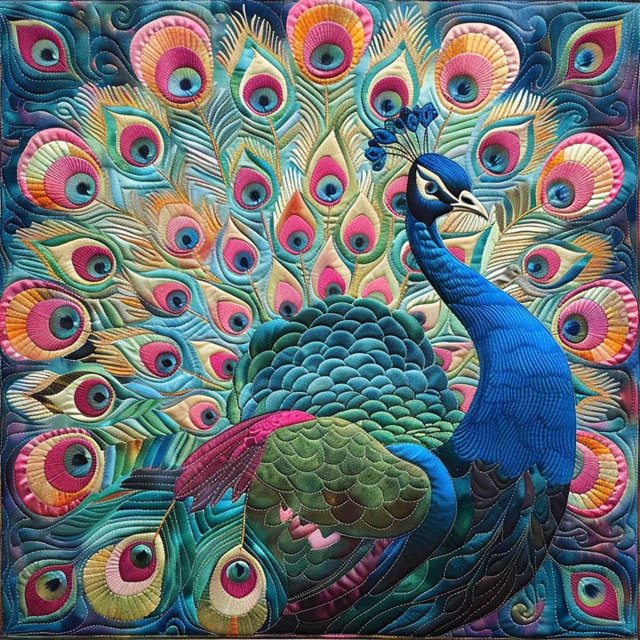 Steppdecke mit Pfau in Smaragd und Pink