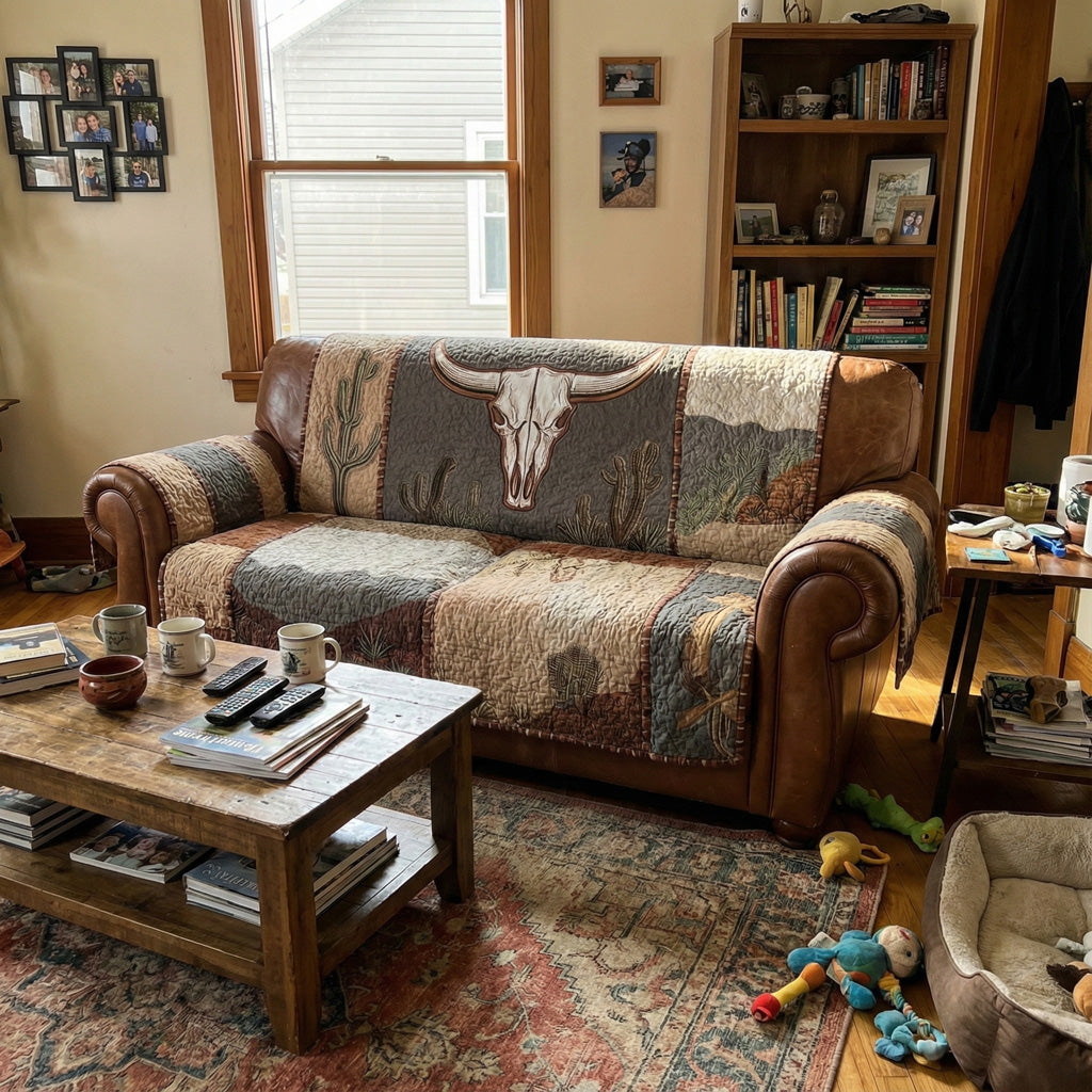 Gesteppter Sofaüberwurf Wüste mit Longhorn und Kakteen