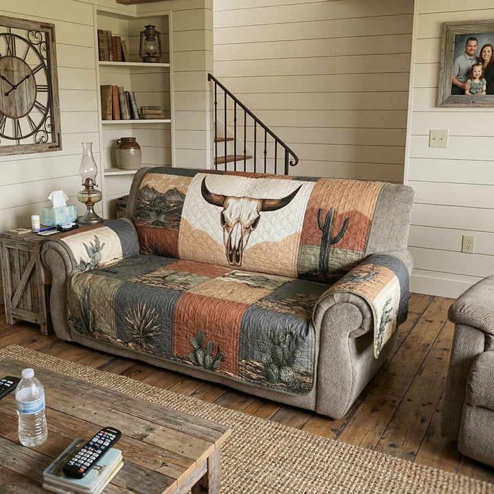 Gesteppter Western-Sofaüberwurf mit Longhorn