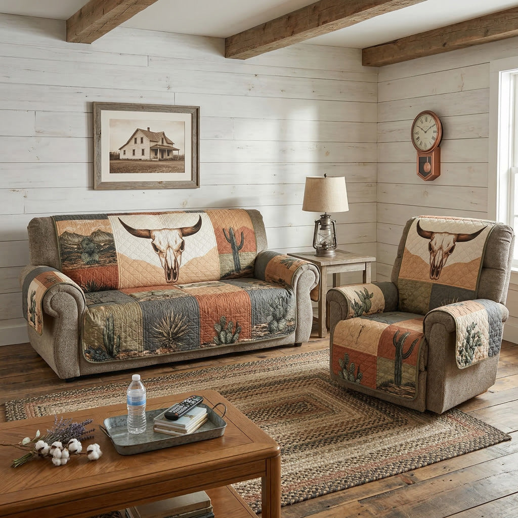 Gesteppter Western-Sofaüberwurf mit Longhorn