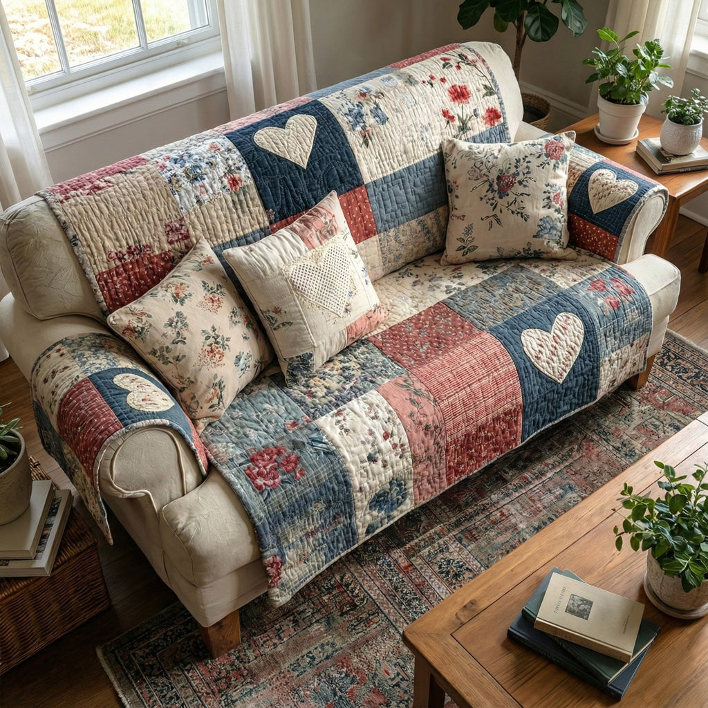 Gesteppter Sofaüberwurf mit Vintage-Blumenherzen