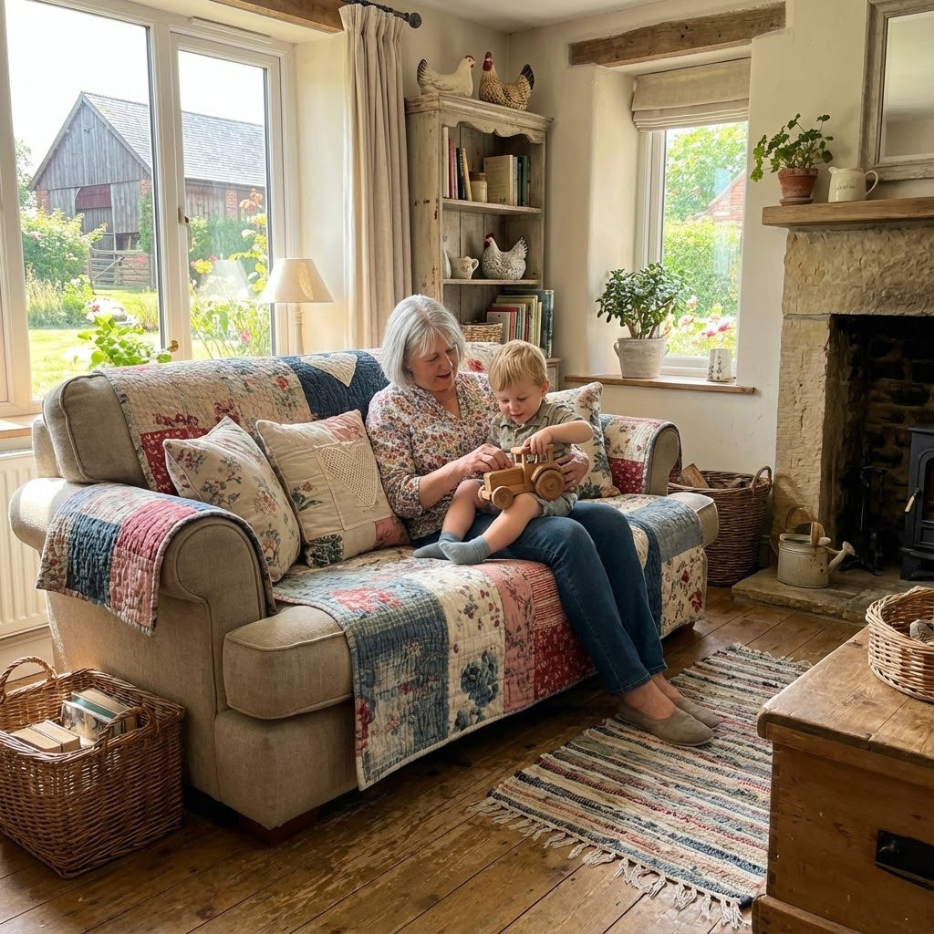 Gesteppter Sofaüberwurf mit Vintage-Blumenherzen