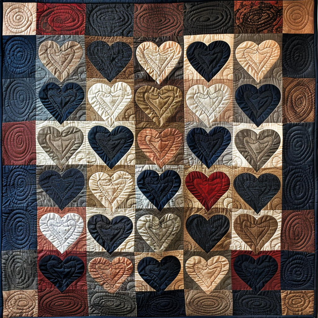 Patchwork-Steppdecke mit Herzen in Dunkelblau