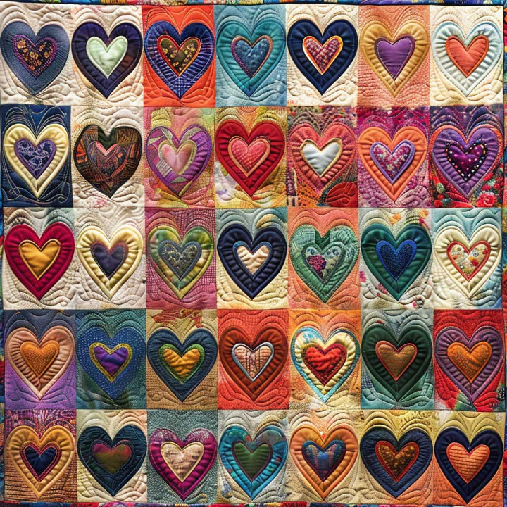 Patchwork-Steppdecke mit bunten Herzen
