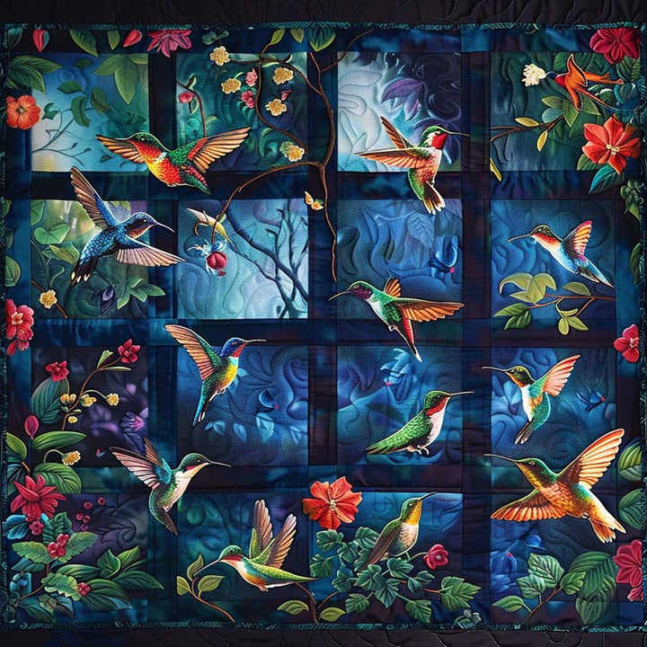 Steppdecke mit Kolibris auf Nachtblau
