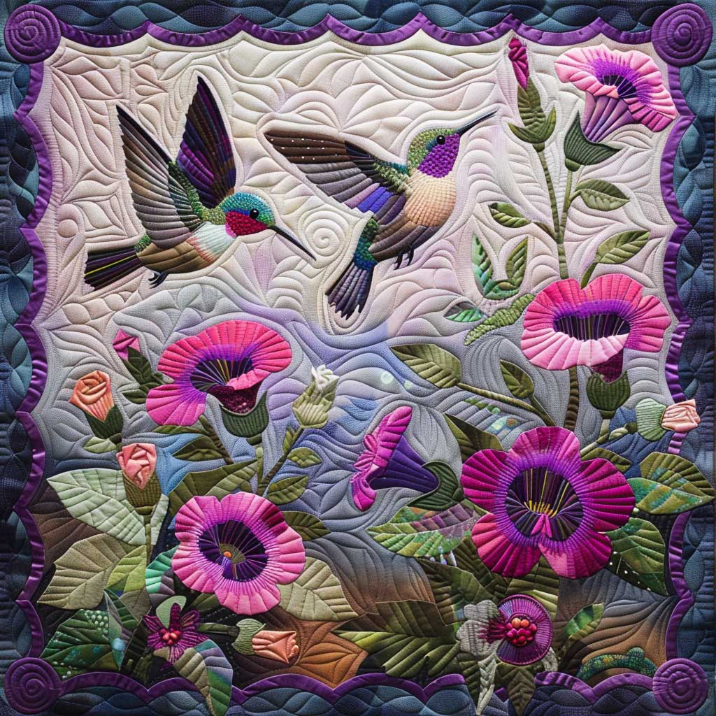 Steppdecke mit Kolibris und pinken Blüten