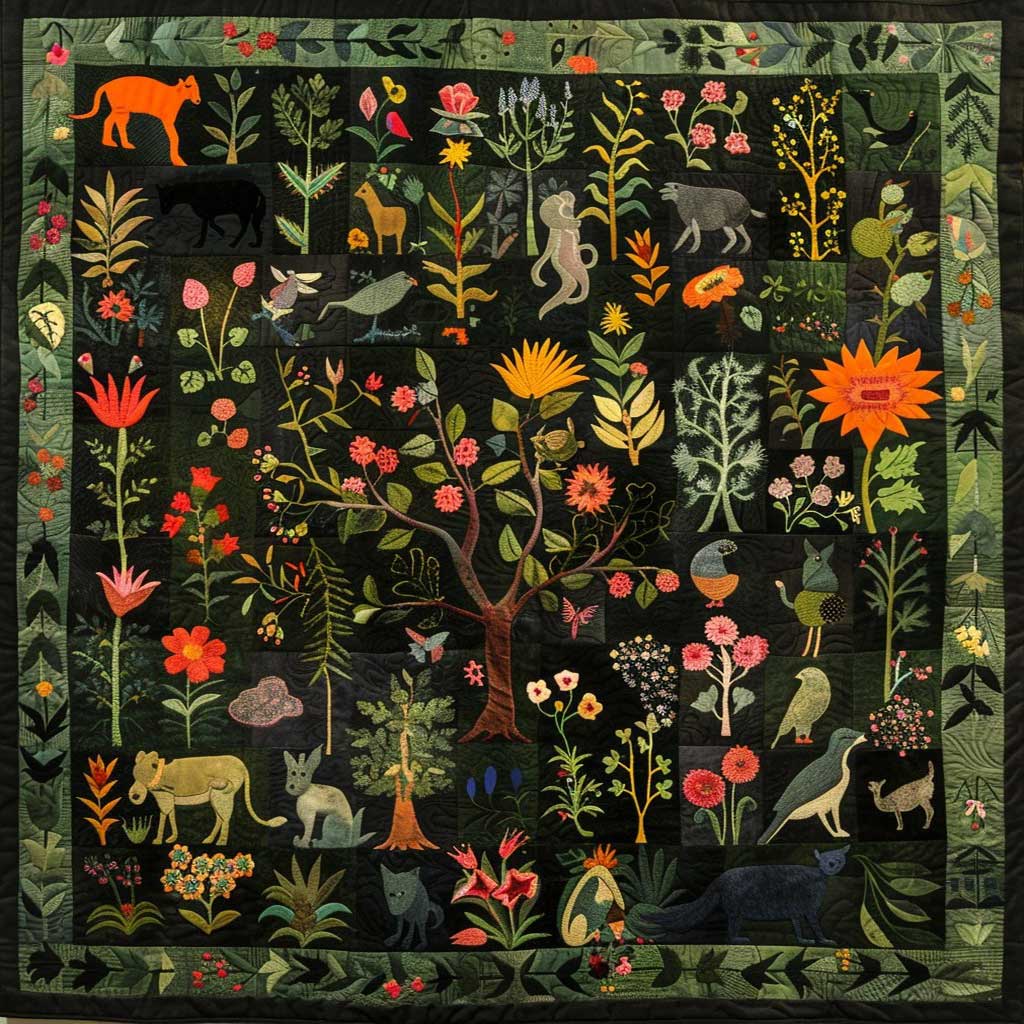 Steppdecke mit Waldtieren und Blumen auf Schwarz
