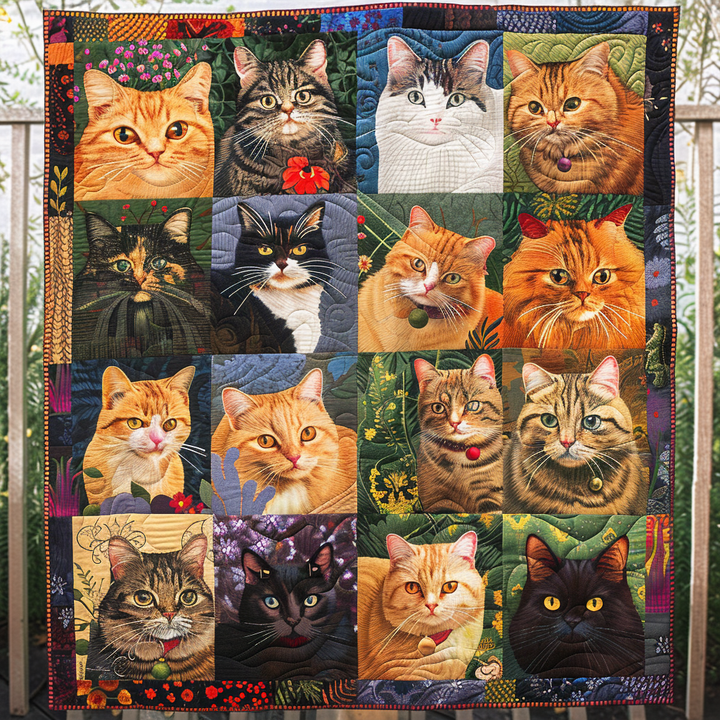 Patchwork-Steppdecke mit Katzenporträts