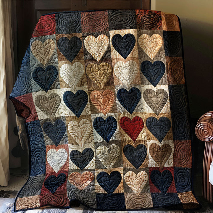 Patchwork-Steppdecke mit Herzen in Dunkelblau