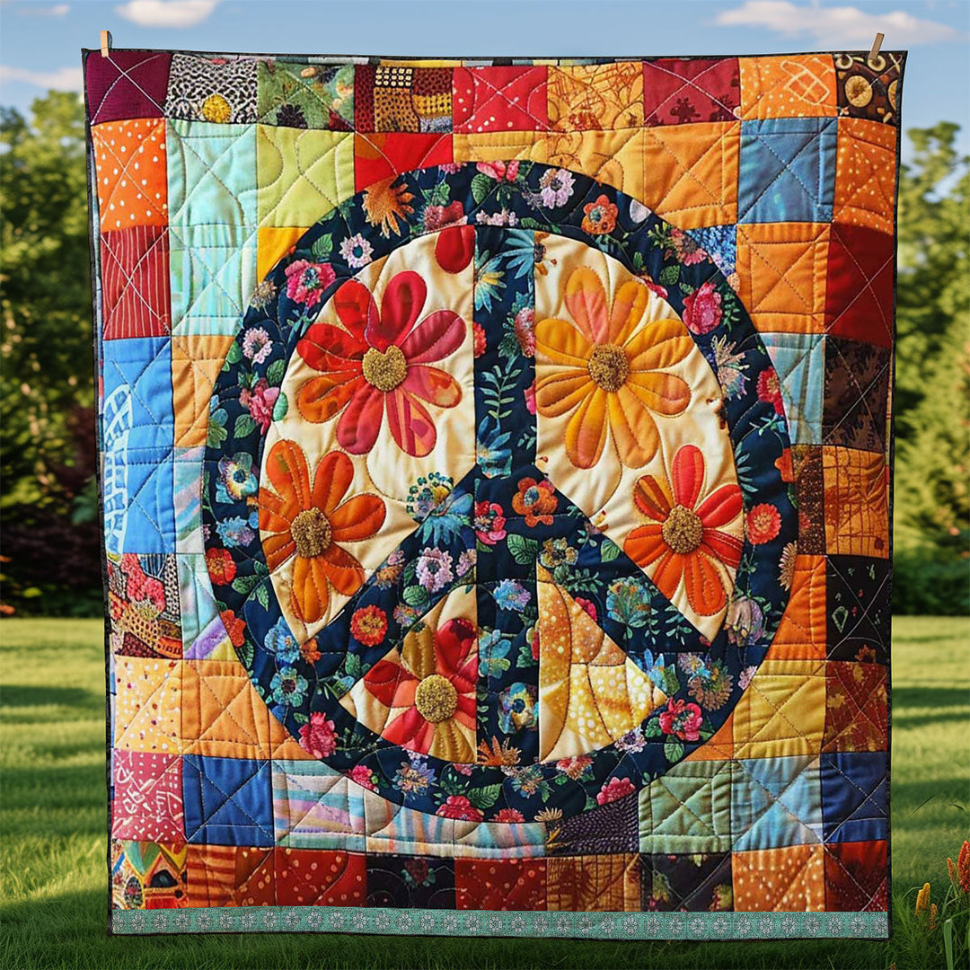 Patchwork-Steppdecke mit Peace-Zeichen aus Blumen