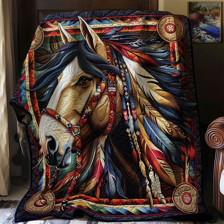Steppdecke mit Pferd im Federschmuck