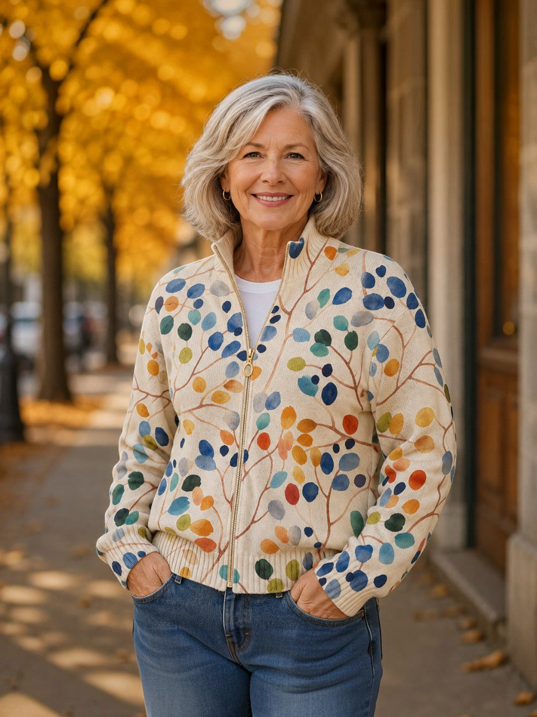 Anja | Strickjacke mit buntem Blättermuster