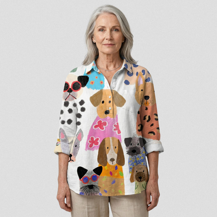 Ida | Leichte Bluse mit buntem Cartoon-Hund