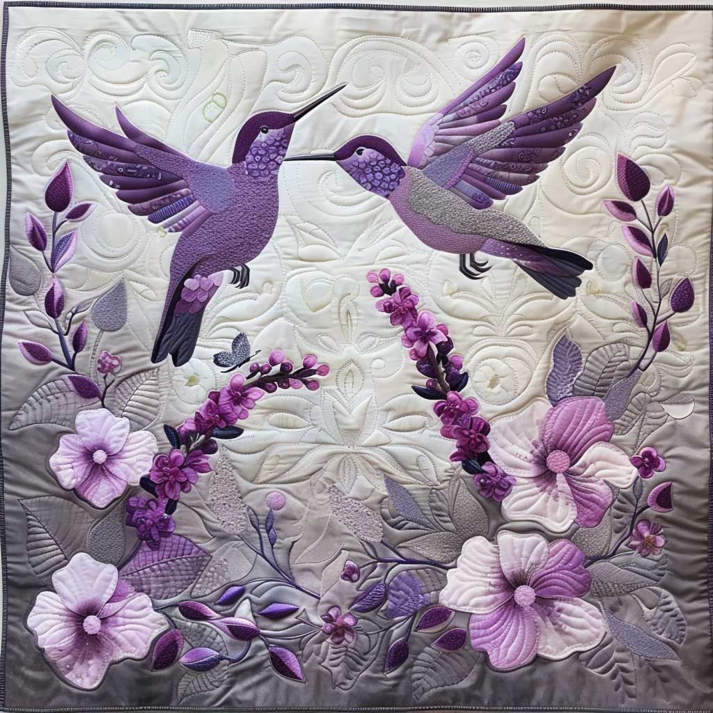 Steppdecke mit lila Kolibris und Lavendel