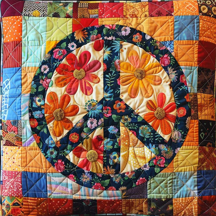Patchwork-Steppdecke mit Peace-Zeichen aus Blumen