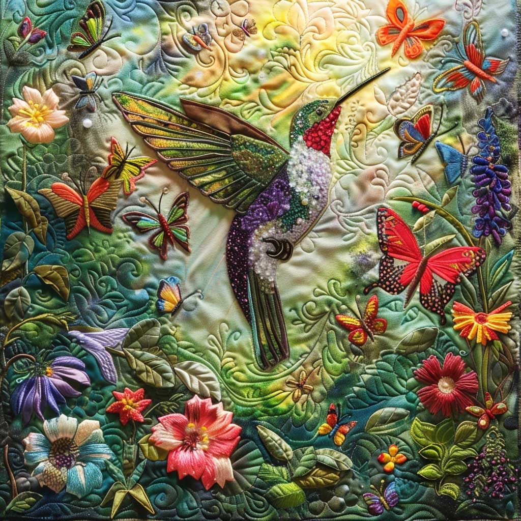 Steppdecke mit Kolibri und Schmetterlingen