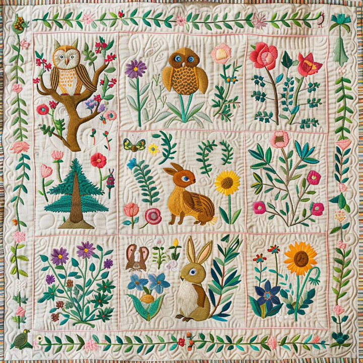 Steppdecke mit Waldtieren und Blumen auf Creme